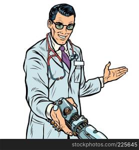 doctor handshake to robot, medicine and health care. Prosthesis bioprosthesis. Pop art retro vector illustration. doctor handshake to robot, medicine and health care. Prosthesis 