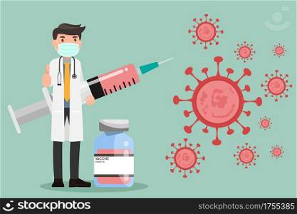 Doctor holding a syringe with COVID-19 virus vaccine. Coronavirus vaccine shot for diseases outbreak vaccination, medicine and drug concept.Discovery of the vaccine against COVID-19.
