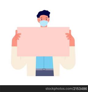 Doctor holding banner. Nurse caring medical blank poster, healthcare communication. Hospital report, medic with placard utter vector concept. Illustration medical health care, hospital doctor. Doctor holding banner. Nurse caring medical blank poster, healthcare communication. Hospital report, medic with placard utter vector concept