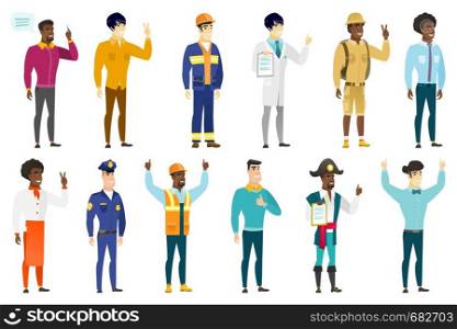 Doctor holding clipboard and giving thumb up. Asian doctor with clipboard. Doctor showing clipboard with medical information. Set of vector flat design illustrations isolated on white background.. Vector set of professions characters.
