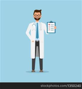 Doctor holding Clipboard with Checklist and Heart Medical Health care concept .Vector flat illustration