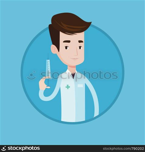 Doctor holding medical injection syringe. Young caucasian doctor standing with syringe. Doctor holding syringe ready for injection. Vector flat design illustration in the circle isolated on background. Doctor holding syringe vector illustration.