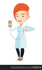 Doctor holding smartphone with app for measuring heart rate pulse. Caucasian doctor showing application for checking heart rate pulse. Vector flat design illustration isolated on white background.. Doctor showing app for measuring heart pulse.