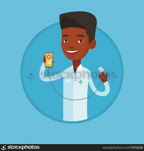 Doctor holding smartphone with application for measuring heart rate pulse. Doctor showing application for checking heart rate pulse Vector flat design illustration in the circle isolated on background. Doctor showing app for measuring heart pulse.