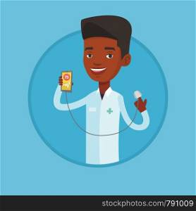 Doctor holding smartphone with application for measuring heart rate pulse. Doctor showing application for checking heart rate pulse Vector flat design illustration in the circle isolated on background. Doctor showing app for measuring heart pulse.