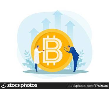  Doctor holding stethoscope for financial check up big bitcoin. Business concept