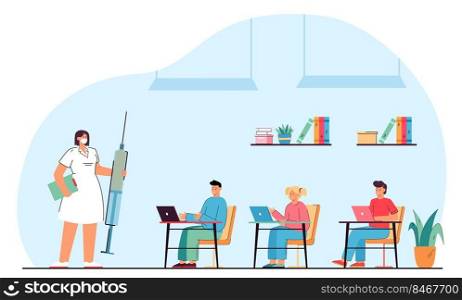 Doctor holding syringe standing in front of school children. Nurse telling about benefit of vaccination flat vector illustration. Health care concept for banner, website design or landing web page