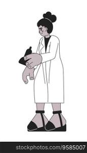 Doctor holding ultrasound hand device monochromatic flat vector character. Medical diagnostic . Editable thin line full body person on white. Simple bw cartoon spot image for web graphic design. Doctor holding ultrasound hand device monochromatic flat vector character