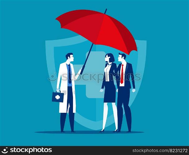 Doctor holding umbrella over family to protect from accident. Health Care Concept