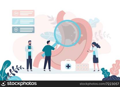 Doctor holds magnifying glass and examines stomach. Group of gastroenterologists analysis huge stomach. Medical workers treats digestive system. Gastroenterology, medicine banner. Vector illustration. Doctor holds magnifying glass and examines stomach. Group of gastroenterologists analysis huge stomach.
