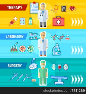 Doctor horizontal banner set wih therapy laboratory surgery elements isolated vector illustration. Doctor Banner Set