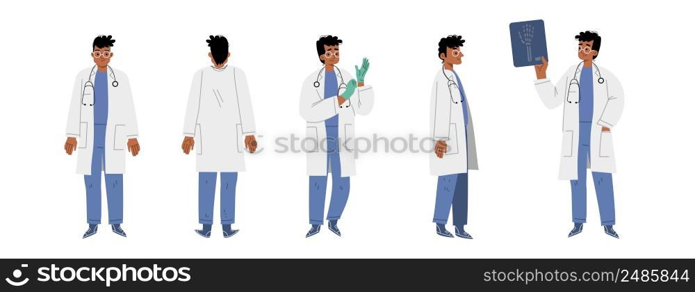 Doctor, hospital healthcare staff at work front, side and rear view. Medic male character in white robe with stethoscope on neck take on gloves, hold xray, Cartoon linear flat vector illustration, set. Doctor, hospital staff front, side and rear view.
