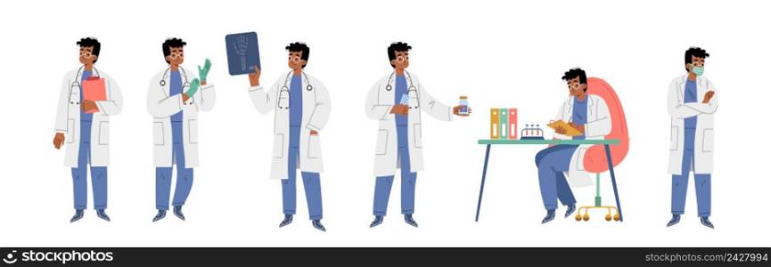 Doctor, hospital healthcare staff at work. Medic male character in white robe in lab. Medicine employee hold stethoscope, clipboard, xray and pills bottle, Cartoon linear flat vector illustration, set. Doctor, hospital healthcare staff, medic at work