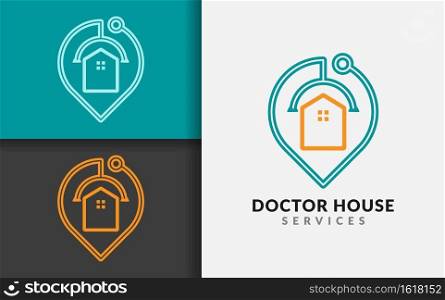 Doctor House Services Logo Design. Abstract Minimalist House Combined with Tag Location and Stethoscope Element Concept.