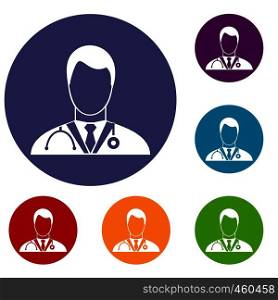 Doctor icons set in flat circle reb, blue and green color for web. Doctor icons set