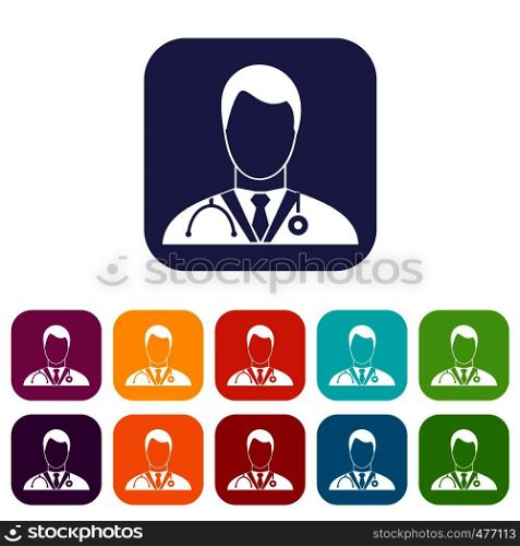 Doctor icons set vector illustration in flat style in colors red, blue, green, and other. Doctor icons set