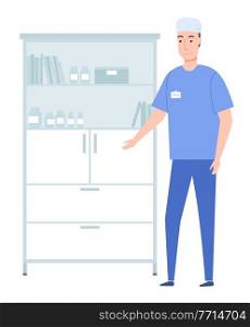 Doctor in a blue coat with a badge points to the medicine cabinet. Therapist works in medical office. Working day and pastime in a medical facility. The male character smiles and raises his hand. Doctor in blue coat with badge points to the medicine cabinet. Therapist works in medical office