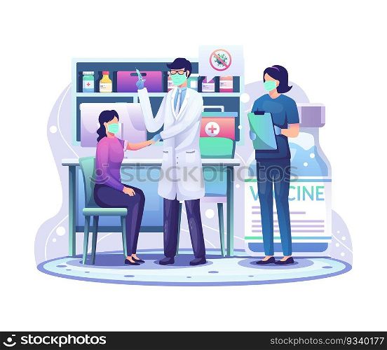 Doctor in a clinic giving Covid-19 coronavirus vaccine to a woman for immunity health concept flat vector illustration