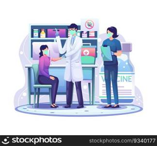 Doctor in a clinic giving Covid-19 coronavirus vaccine to a woman for immunity health concept flat vector illustration