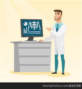 Doctor in a medical gown examining a radiograph. Doctor looking at a chest radiograph on a computer screen. Doctor observing a skeleton radiograph. Vector flat design illustration. Square layout.. Doctor examining a radiograph vector illustration.