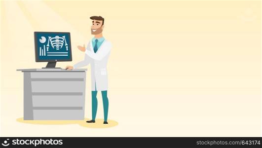 Doctor in a medical gown examining a radiograph. Doctor looking at a chest radiograph on a computer screen. Doctor observing a skeleton radiograph. Vector flat design illustration. Horizontal layout.. Doctor examining a radiograph vector illustration.