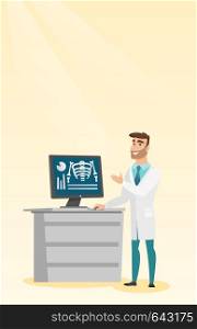 Doctor in a medical gown examining a radiograph. Doctor looking at a chest radiograph on a computer screen. Doctor observing a skeleton radiograph. Vector flat design illustration. Vertical layout.. Doctor examining a radiograph vector illustration.