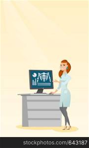 Doctor in a medical gown examining a radiograph. Doctor looking at a chest radiograph on a computer screen. Doctor observing a skeleton radiograph. Vector flat design illustration. Vertical layout.. Doctor examining a radiograph vector illustration.