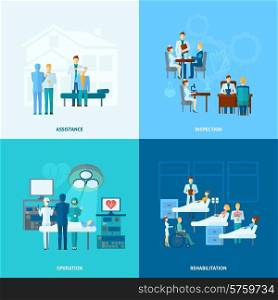 Doctor in hospital design concept set with assistance operation rehabilitation and operation flat icons isolated vector illustration. Doctor Flat Set