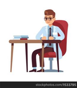 Doctor in hospital medical office. Young cartoon character physician sits at table in chair, diagnosis, consultation and examination in modern clinic vector isolated concept. Doctor in hospital medical office. Young cartoon character physician sits at table in chair, diagnosis and examination in modern clinic vector concept
