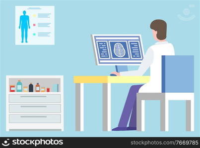 Doctor in laboratory working on scan diagnostics vector, man wearing white coat in hospital. Clinic and medical care, board with human body and cabinet. CT Computed Tomography Man in Laboratory Vector