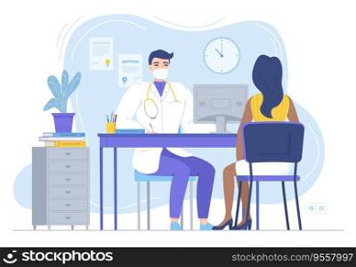 Doctor in mask consulting female patient. Physycian sitting at the desk with monitor. Family therapist, health care, medcine, clinic workspace concept. Stock vector illustration in flat style isolated on white. Doctor in mask consulting female patient. Physycian sitting at the desk with monitor. Family therapist, health care, clinic workspace concept. Stock vector illustration in flat style isolated on white