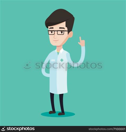 Doctor in medical gown showing finger up. Young caucasian doctor with finger up. Man in doctor uniform pointing finger up. Vector flat design illustration isolated on blue background. Square layout.. Doctor showing finger up vector illustration.