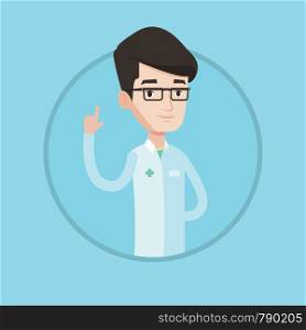 Doctor in medical gown showing finger up. Young caucasian doctor with finger up. Man in doctor uniform pointing finger up. Vector flat design illustration in the circle isolated on background.. Doctor showing finger up vector illustration.