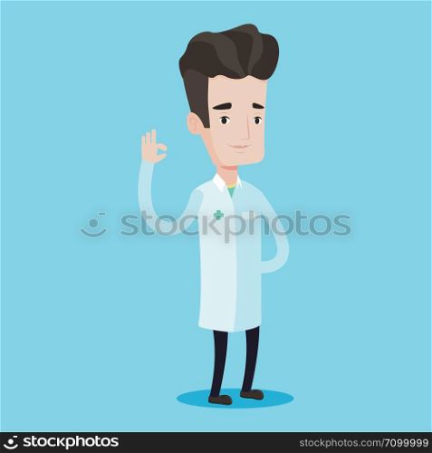 Doctor in medical gown showing ok sign. Smiling doctor gesturing ok sign. Young caucasian doctor with ok sign gesture. Vector flat design illustration isolated on blue background. Square layout.. Doctor showing ok sign vector illustration.