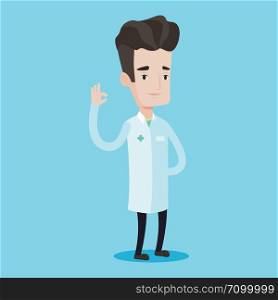 Doctor in medical gown showing ok sign. Smiling doctor gesturing ok sign. Young caucasian doctor with ok sign gesture. Vector flat design illustration isolated on blue background. Square layout.. Doctor showing ok sign vector illustration.