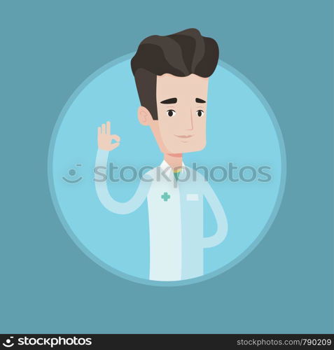 Doctor in medical gown showing ok sign. Smiling doctor gesturing ok sign. Young caucasian doctor with ok sign gesture. Vector flat design illustration in the circle isolated on background.. Doctor showing ok sign vector illustration.