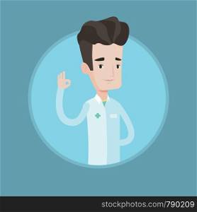 Doctor in medical gown showing ok sign. Smiling doctor gesturing ok sign. Young caucasian doctor with ok sign gesture. Vector flat design illustration in the circle isolated on background.. Doctor showing ok sign vector illustration.
