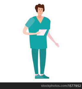 Doctor in professional clothes, the character is preparing to give advice. Doctor in professional clothes, the character is preparing to give advice. Vector illustration of an isolated white background