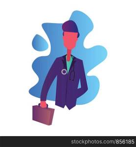 Doctor in purple coat holding a briefcase vector character illustration on a white background