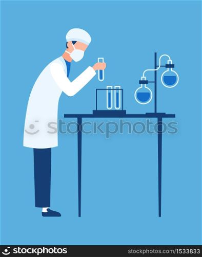 Doctor in science hospital laboratory. Biologist carries out experiments in clinic lab, creating new medicine and vaccines, cartoon flat vector character, chemistry and pharmacy innovation concept. Doctor in science hospital laboratory. Biologist carries out experiments and tests in clinic lab, creating medicine and vaccines, cartoon flat vector character, chemistry and pharmacy concept