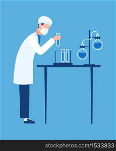 Doctor in science hospital laboratory. Biologist carries out experiments in clinic lab, creating new medicine and vaccines, cartoon flat vector character, chemistry and pharmacy innovation concept. Doctor in science hospital laboratory. Biologist carries out experiments and tests in clinic lab, creating medicine and vaccines, cartoon flat vector character, chemistry and pharmacy concept