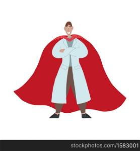 Doctor Infectious Disease Superhero. Infectionist in a white coat and red cloak on a white background. The modern hero. Vector cartoon character for cards, banners and your creativity.. Doctor Infectious Disease Superhero. Infectionist in a white coat and red cloak on a white background. The modern hero. Vector cartoon character
