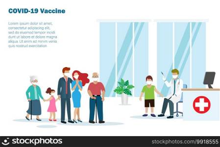 Doctor injecting covid-19 coronavirus vaccine to kid and his big family at hospital. Covid-19 vaccination, medical and healthcare for all generation concept.