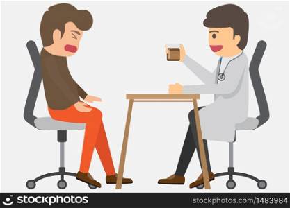 doctor is seeing a young man sickness. The doctor is looking at the man with Explain the use of medicines to treat. Health and medicine vector illustration Isolated on background.