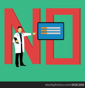 Doctor is standing pointing at a monitor with a cigarette, with No font as background.