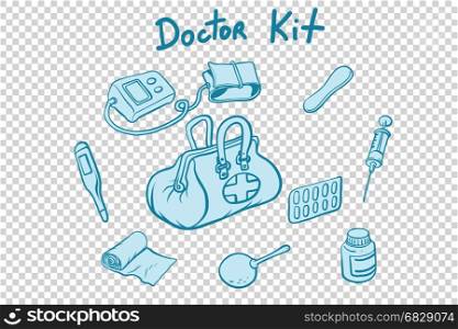 doctor kit medical instruments and medicines. Comic book cartoon pop art retro style vector illustration. doctor kit medical instruments and medicines
