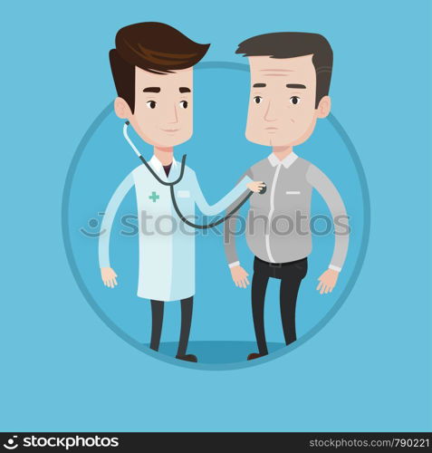 Doctor listening to chest of patient with stethoscope. Patient visiting doctor for chest examination. Doctor examining chest of man. Vector flat design illustration in circle isolated on background.. Doctor listening to chest of patient.