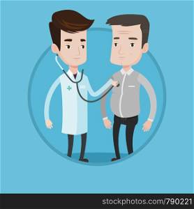 Doctor listening to chest of patient with stethoscope. Patient visiting doctor for chest examination. Doctor examining chest of man. Vector flat design illustration in circle isolated on background.. Doctor listening to chest of patient.