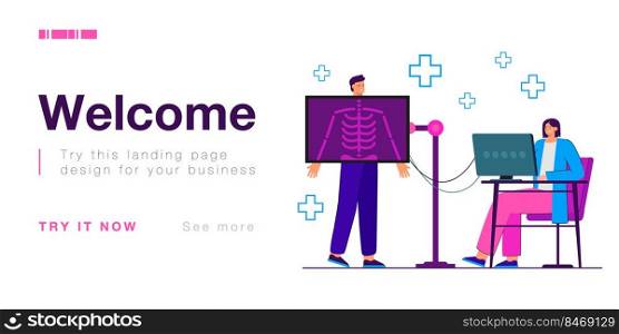Doctor making X-ray of patient in radiology room to confirm diagnosis. Medical officer examining male person in clinic flat vector illustration. Diagnostics, healthcare, medicine concept