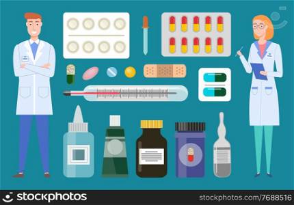 Doctor man, woman wearing medical gowns. Medical or healthcare web icons colorful tablets, plates, capsules, pills, drugs, container, jar, tube of ointment, patches, thermometer Treatment concept. Doctor man, therapist woman with collection of pills, tablets, capsules, thermometer, tubes and jars